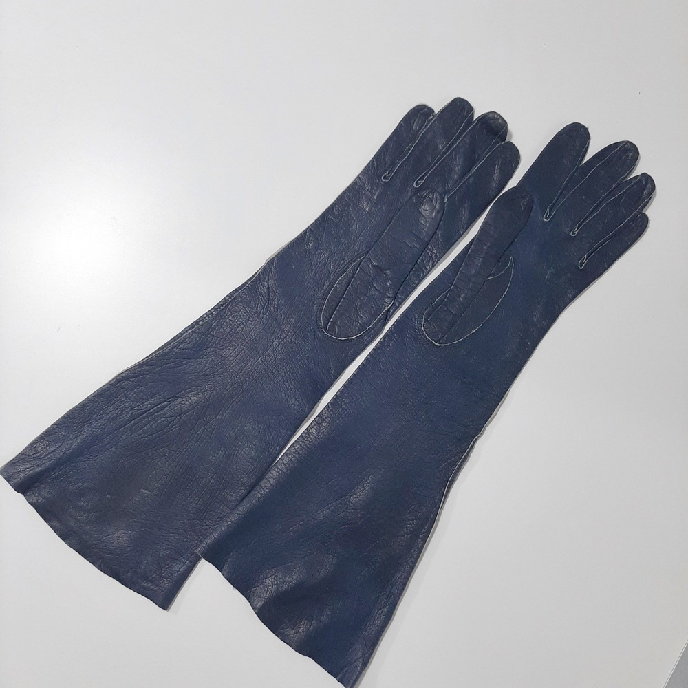 Vintage Kislav Kid Leather Navy Gloves Made in France Sz 7 Opera Length '50's